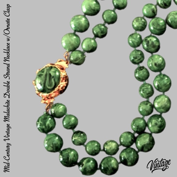 RARE - VTG 24” Malachite Double Strand Necklace - Picture 3 of 8
